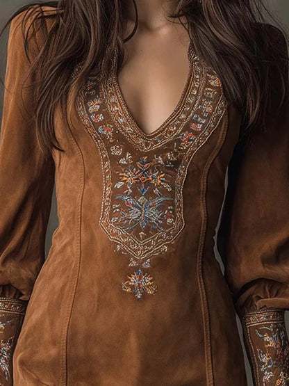 Vintage Embroidered Bohemian Inspired Relaxed Fit Alternative Mini Dress