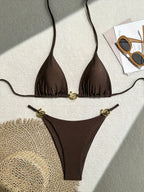 Rich Teal Triangle Bikini with Delicate Metallic Ring Details