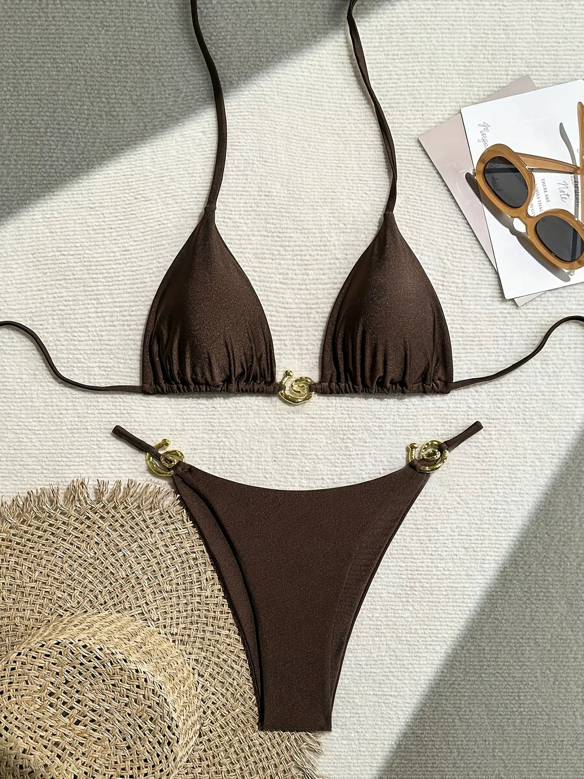 Rich Teal Triangle Bikini with Delicate Metallic Ring Details