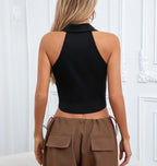 Women's Halter Neck Ruched Button Front Backless Fitted Crop Top for Everyday Summer Style