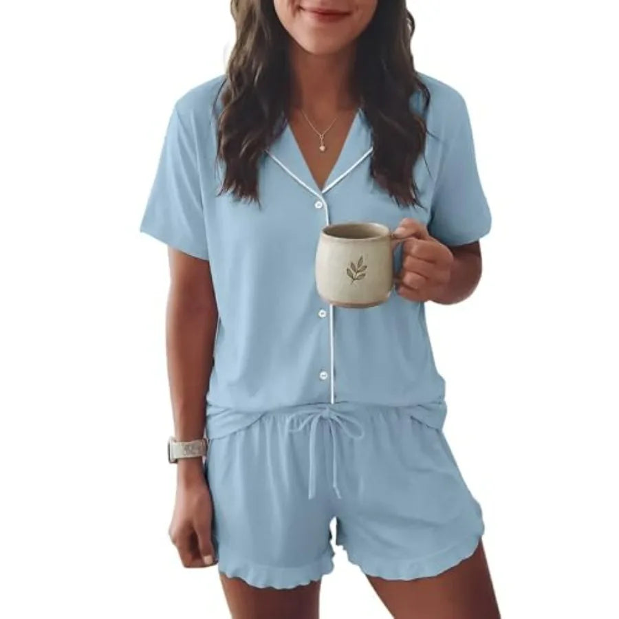 Button Front Shirt and Ruffle Shorts Sleepwear Co-Ord Set for Women