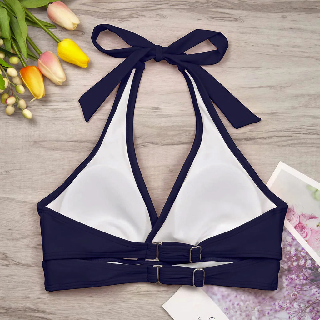 Classic Black Halter Bikini Top with Gathered Front Detailing and Tie-Neck Straps