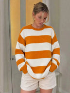 Women's Oversized Striped Knit Sweater with Relaxed Crew Neck Silhouette