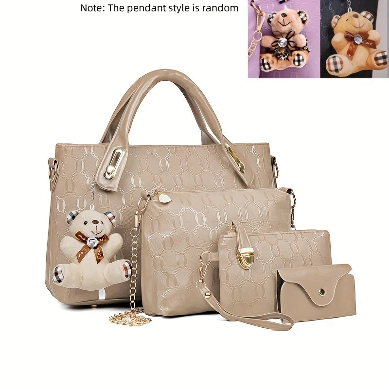 Embossed PU Leather Tote Bag Set with Crossbody Purse and Wallet