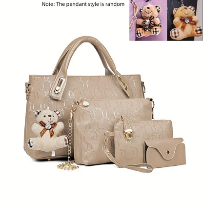 Embossed PU Leather Tote Bag Set with Crossbody Purse and Wallet