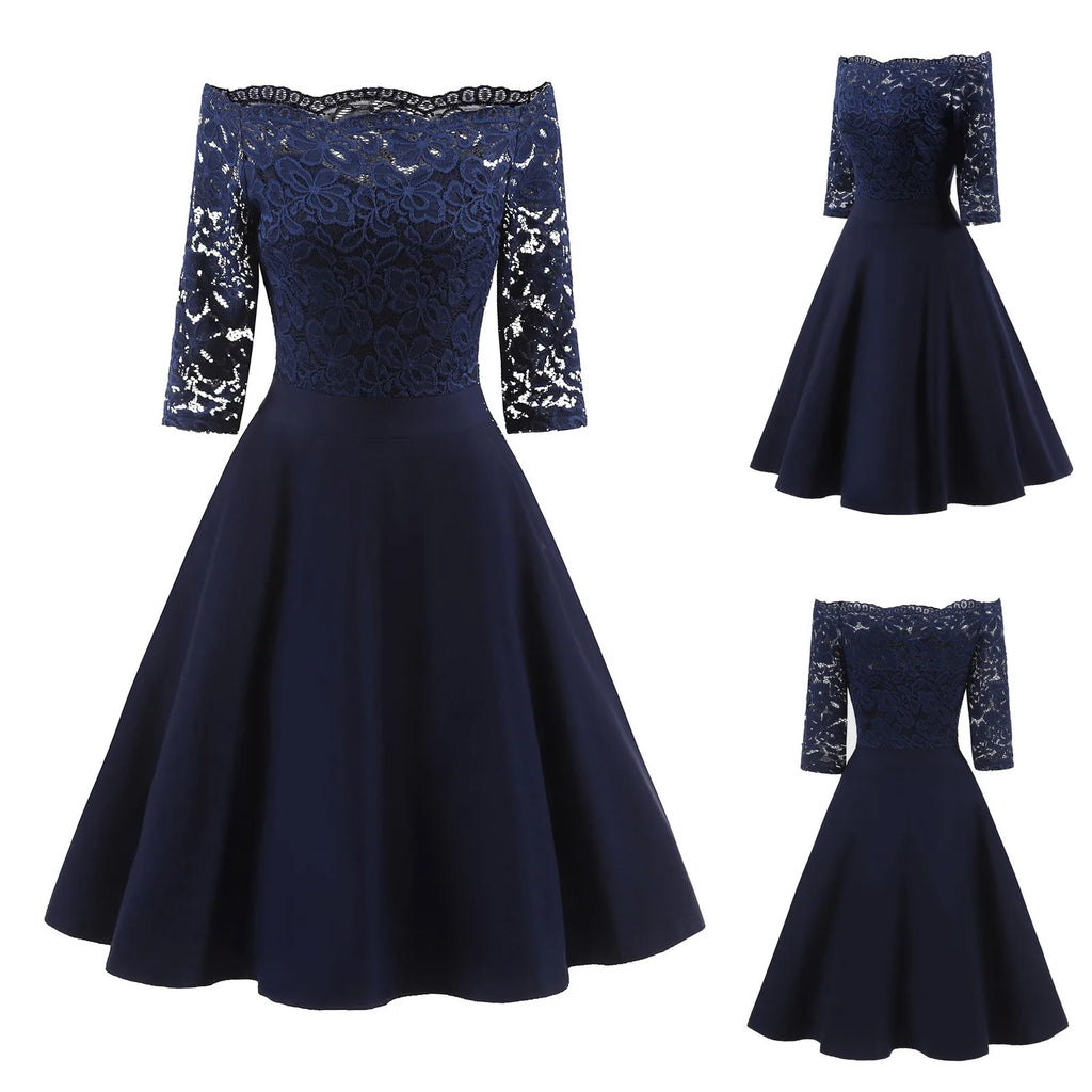 Elegant Burgundy Off-the-Shoulder Dress with Floral Lace Sleeves and Flared Skirt