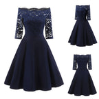 Elegant Burgundy Off-the-Shoulder Dress with Floral Lace Sleeves and Flared Skirt