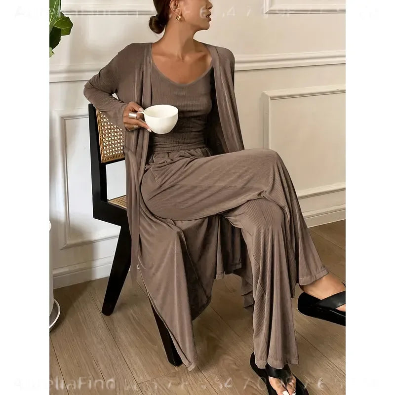 Women's Three-Piece Fall Pajama Set with Sleeveless Camisole, Long-Sleeve Robe and Matching Ankle-Length Pants
