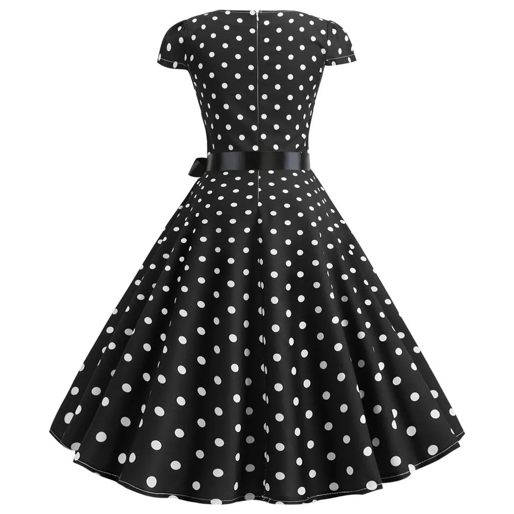 Retro Red and White Polka Dot Swing Dress with Black Waist Tie