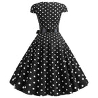 Retro Red and White Polka Dot Swing Dress with Black Waist Tie