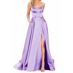 Spaghetti Strap Maxi Dress with Open Back Design and Side Slit Detail