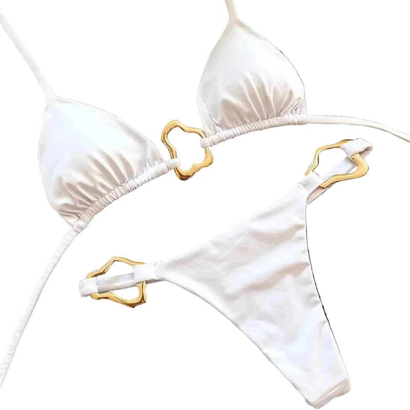 Crisp White Triangle String Bikini with Wavy Metallic Ring Hardware
