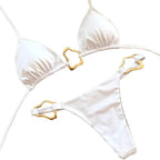 Crisp White Triangle String Bikini with Wavy Metallic Ring Hardware