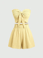 Front Knot Strapless Top and Shorts Summer Casual Co-Ord Set