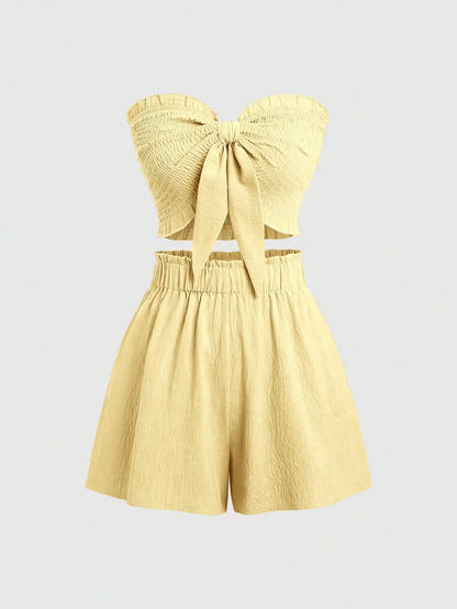 Front Knot Strapless Top and Shorts Summer Casual Co-Ord Set