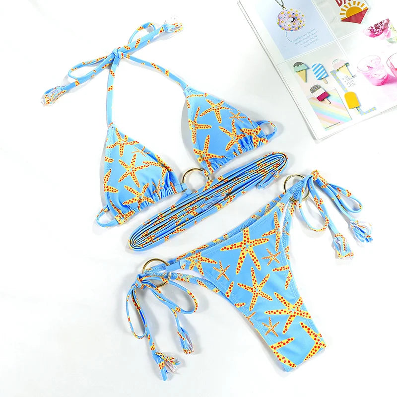 Vibrant Abstract Print Triangle String Bikini with Multi-Strap Cutout Bottoms