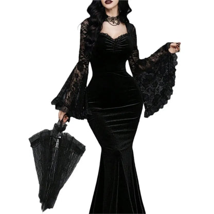 Velvet Gothic Mermaid Dress with Lace Sleeves and Dark Elegance