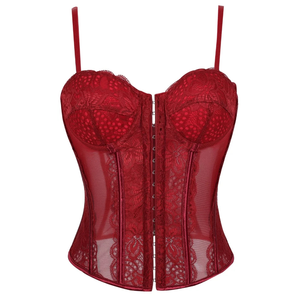Crimson Red Lace and Sheer Mesh Bustier with Front Hook Closure