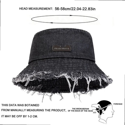 Distressed Denim Bucket Hat Frayed Brim Casual Streetwear Fisherman Outdoor Cap