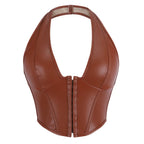 Sleek Burgundy Faux Leather Halter Vest with Front Hook Closure