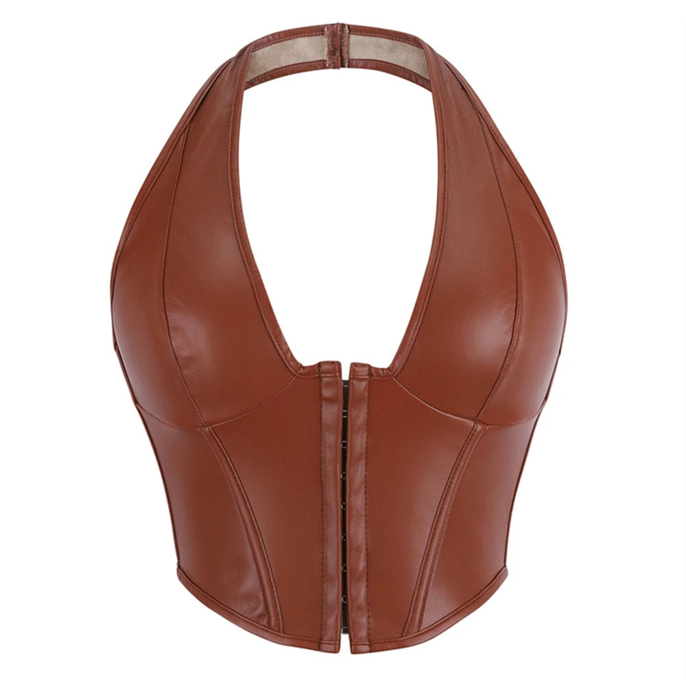 Sleek Burgundy Faux Leather Halter Vest with Front Hook Closure