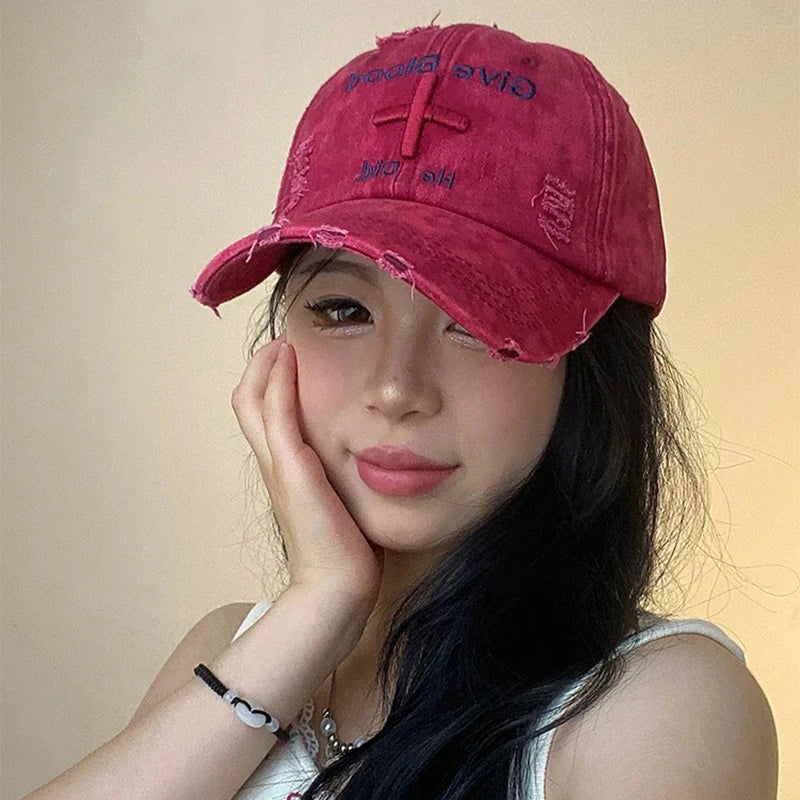 Vintage Embroidered Adjustable Cotton Baseball Cap with Distressed Finish for Casual Streetwear Fashion