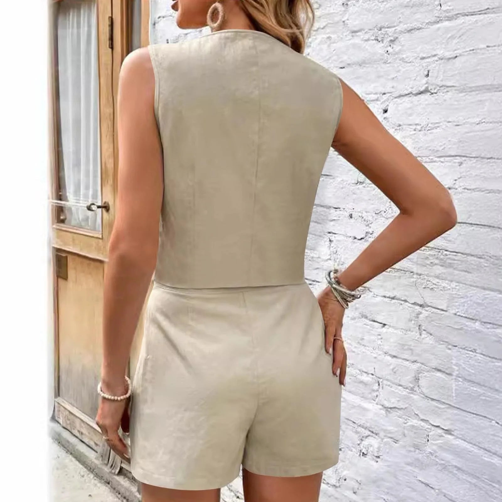 Women's Sleeveless Button Front Vest and Tailored Shorts Summer Matching Set