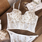 Embroidered Sheer Mesh Longline Bralette and Matching Scalloped Panty Set