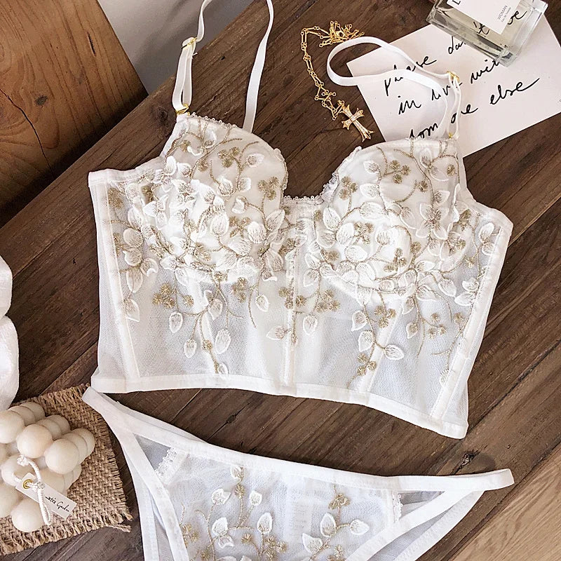 Embroidered Sheer Mesh Longline Bralette and Matching Scalloped Panty Set