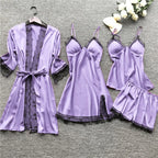Women's Satin-Look Lace Lingerie Nightgown Set with Matching Robe, Sleeveless Mini Dress and Decorative Garter-Style Detail