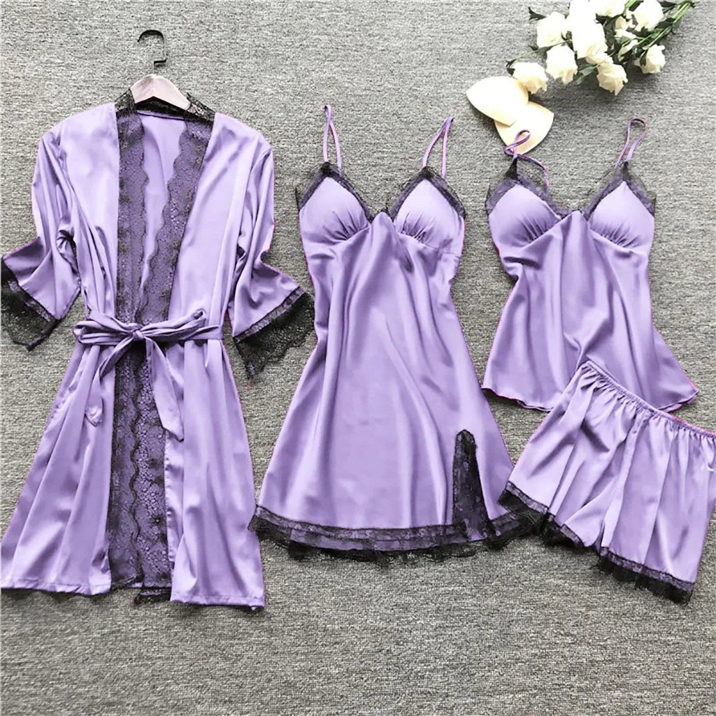 Women's Satin-Look Lace Lingerie Nightgown Set with Matching Robe, Sleeveless Mini Dress and Decorative Garter-Style Detail
