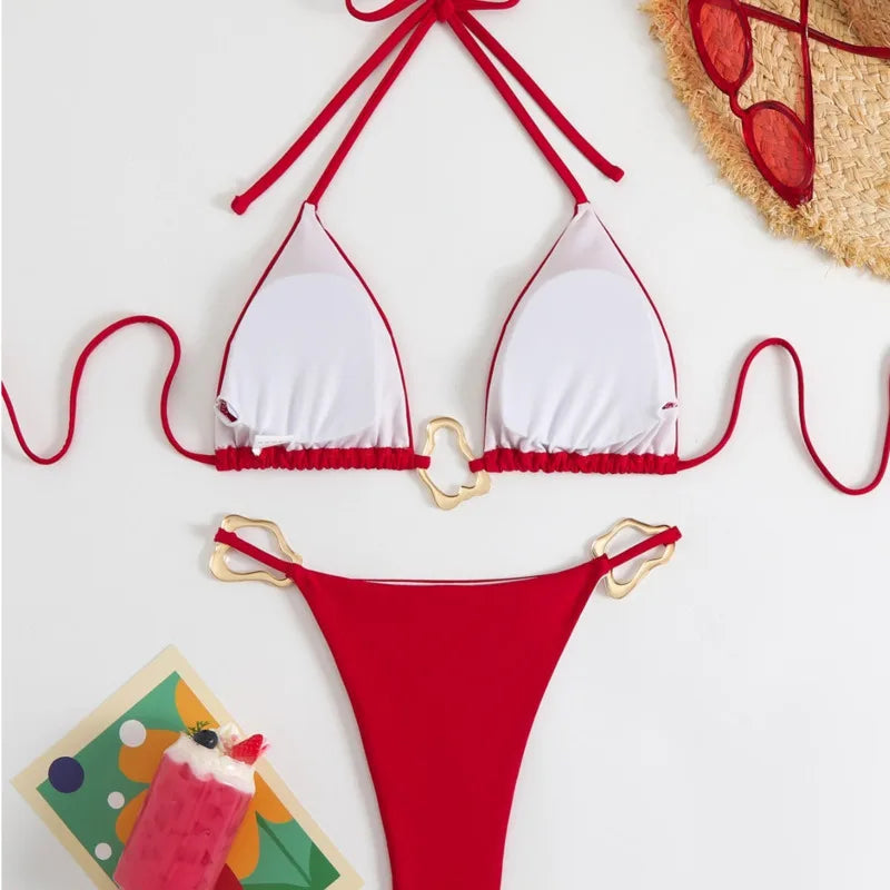 Crisp White Triangle String Bikini with Wavy Metallic Ring Hardware