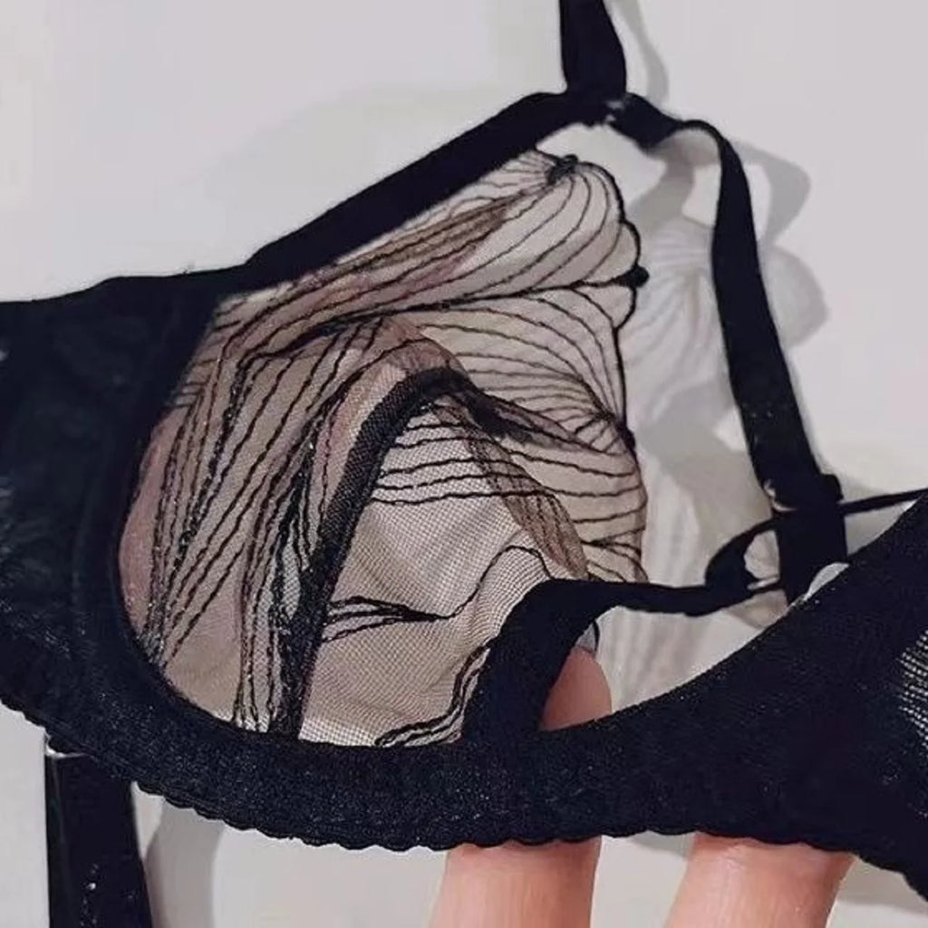 Dramatic Black Sheer Mesh and Contrast Lace Underwire Intimates Set