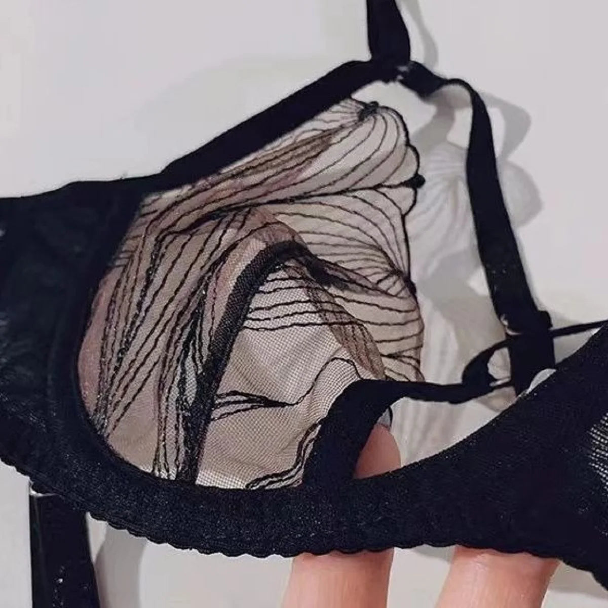 Dramatic Black Sheer Mesh and Contrast Lace Underwire Intimates Set