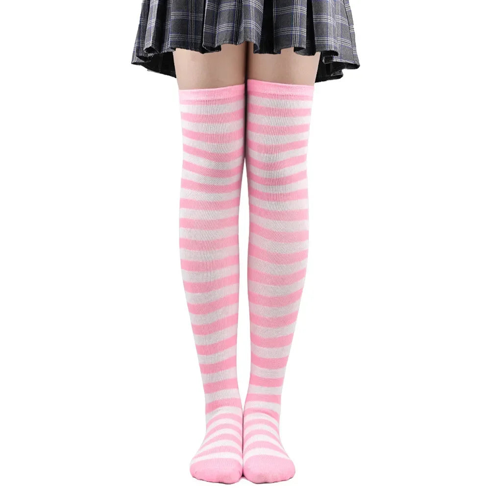 Striped Thigh High Socks with Stretch Knit Construction for Casual Y2K Streetwear Fashion