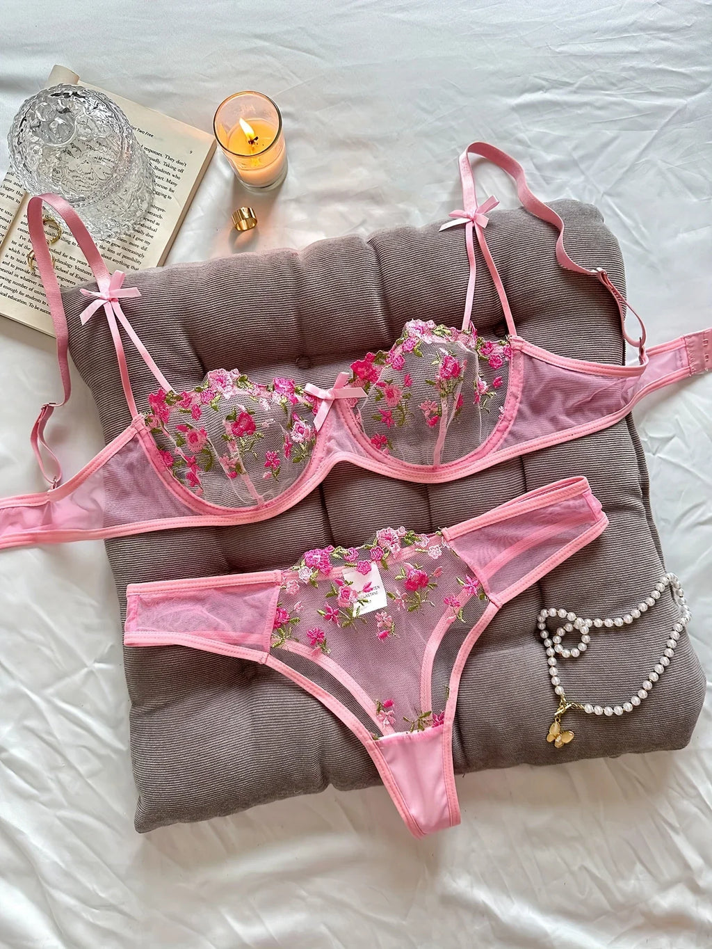 Vibrant Floral Rose Embroidery Sheer Underwire Lingerie Set