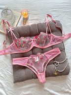 Vibrant Floral Rose Embroidery Sheer Underwire Lingerie Set