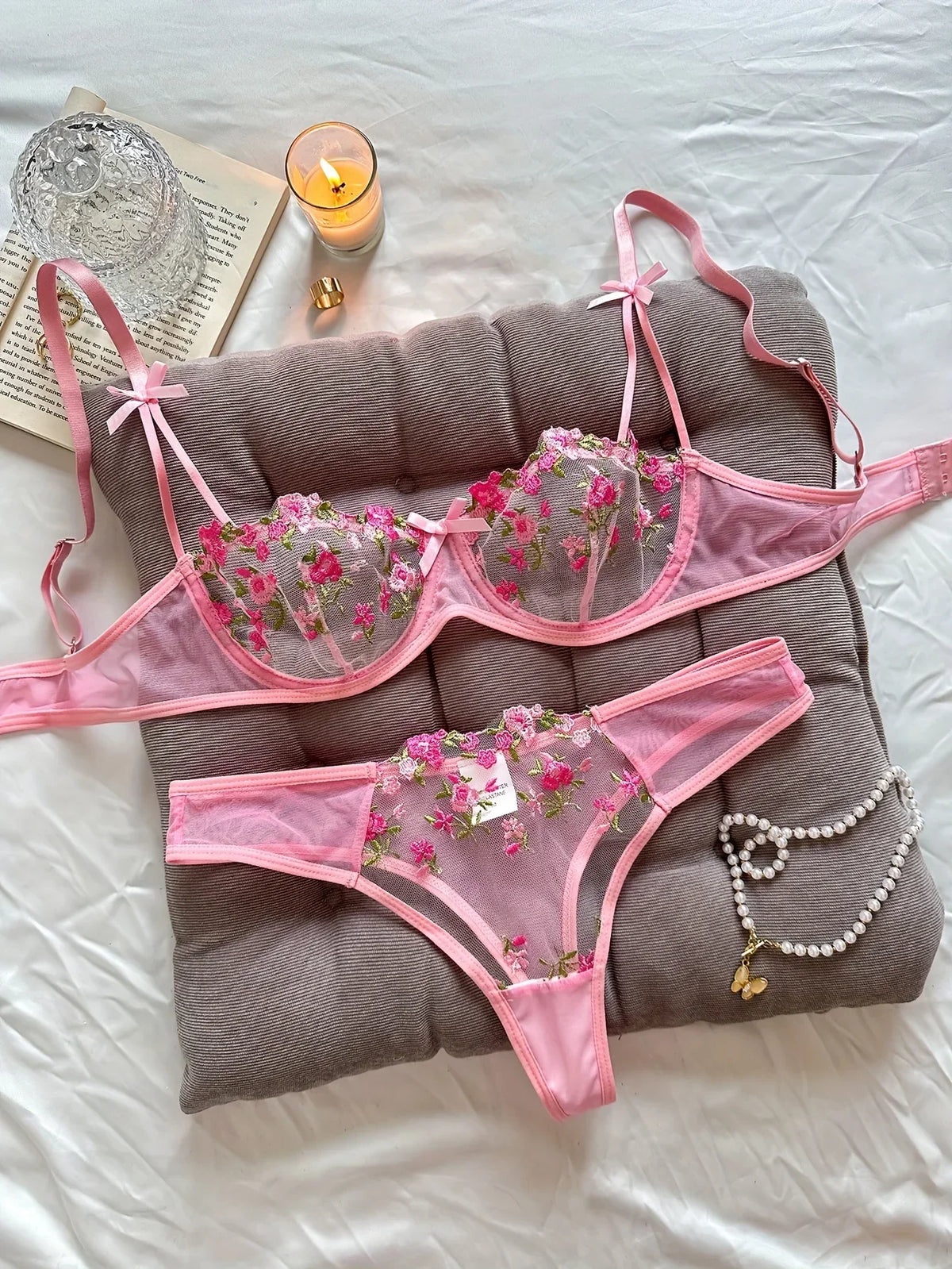 Vibrant Floral Rose Embroidery Sheer Underwire Lingerie Set