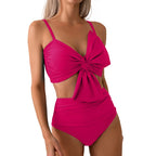 Vibrant Orange Bowknot Bikini Top with High-Waisted Tropical Print Bottom