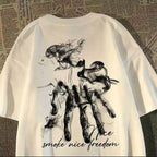 Oversized Skeletal Hand Graphic Cotton T-Shirt with Artistic Streetwear Print