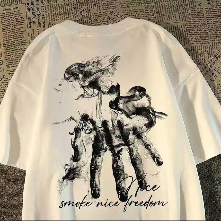 Oversized Skeletal Hand Graphic Cotton T-Shirt with Artistic Streetwear Print