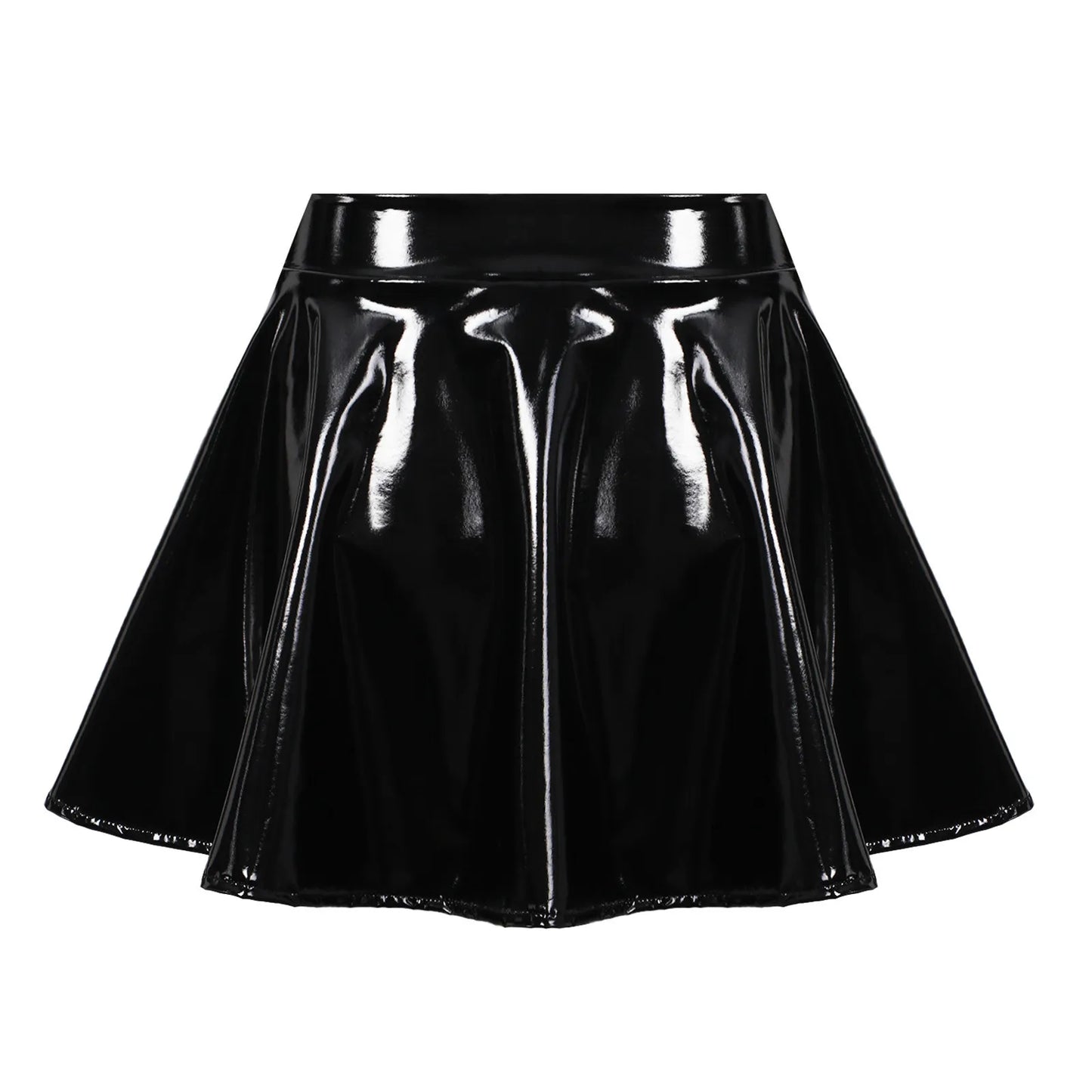 Gloss Finish Flared Mini Skirt with High Waist Statement Silhouette