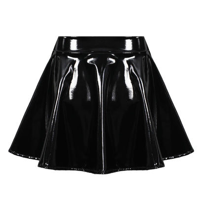 Gloss Finish Flared Mini Skirt with High Waist Statement Silhouette