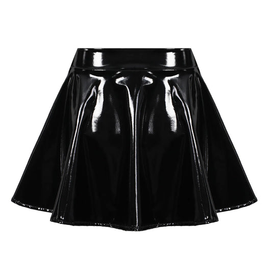 Gloss Finish Flared Mini Skirt with High Waist Statement Silhouette