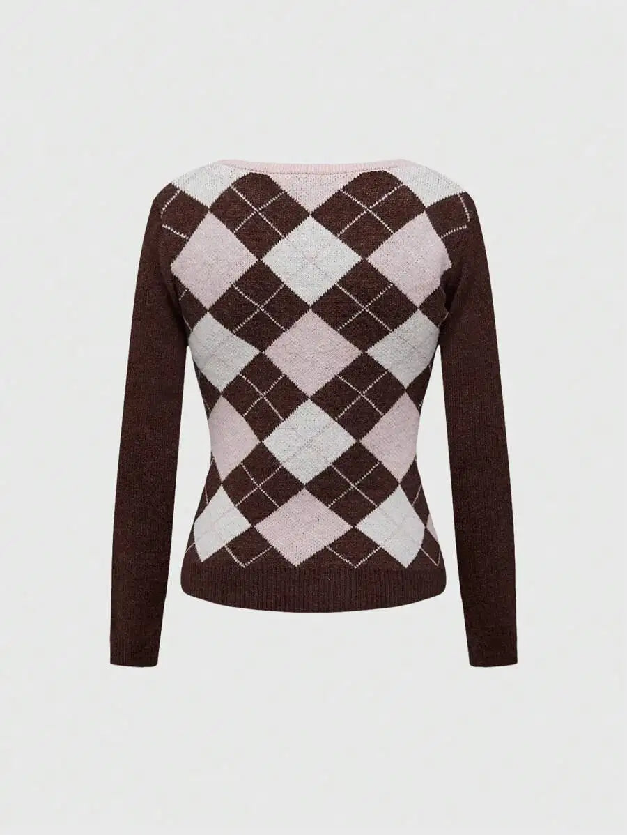 Women's Argyle Knit Sweater with Bow Detail and Fitted Preppy Silhouette