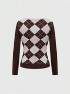 Women's Argyle Knit Sweater with Bow Detail and Fitted Preppy Silhouette