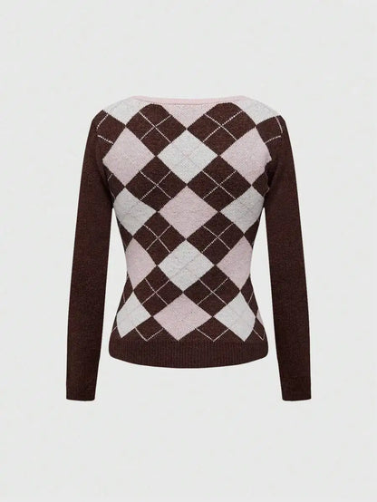 Women's Argyle Knit Sweater with Bow Detail and Fitted Preppy Silhouette