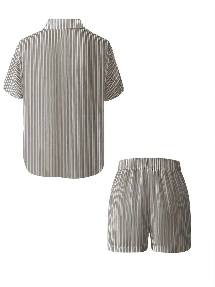 Striped Button Front Shirt and Shorts Summer Co-Ord Set for Women