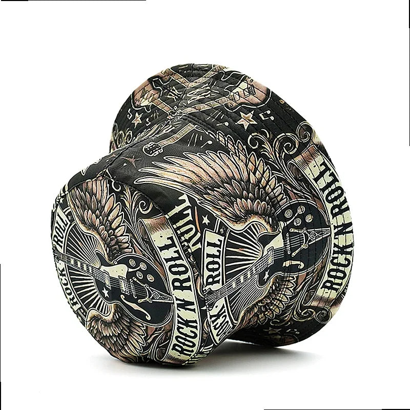 Vintage Graphic Print Bucket Hat Double Layer Casual Streetwear Fisherman Outdoor Cap