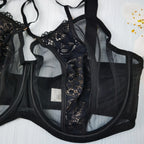 Black Sheer Mesh Underwire Minimizer Bra with Strappy Detail
